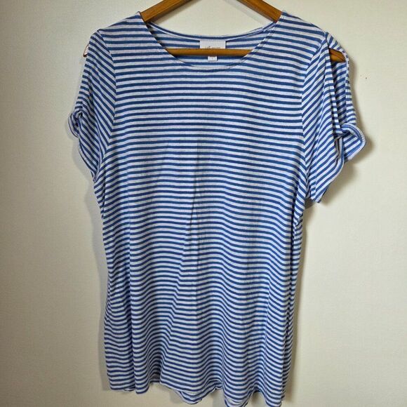 EUC J JILL LOVE LINEN WHITE BLUE STRIPED SLIT SLEEVES LINEN BLEND TOP SIZE L - Picture 1 of 16